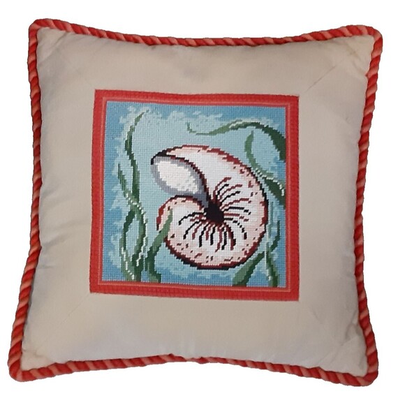 Handmade cross stitch nautilus pillow with insert Ocean Nautical Coastal Sea - Picture 4 of 4